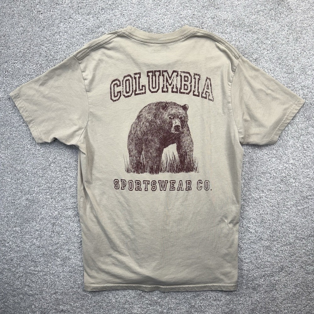 Columbia Sportswear Mens Medium T-Shirt Tan Brown Grizzly Bear Graphic Back Logo